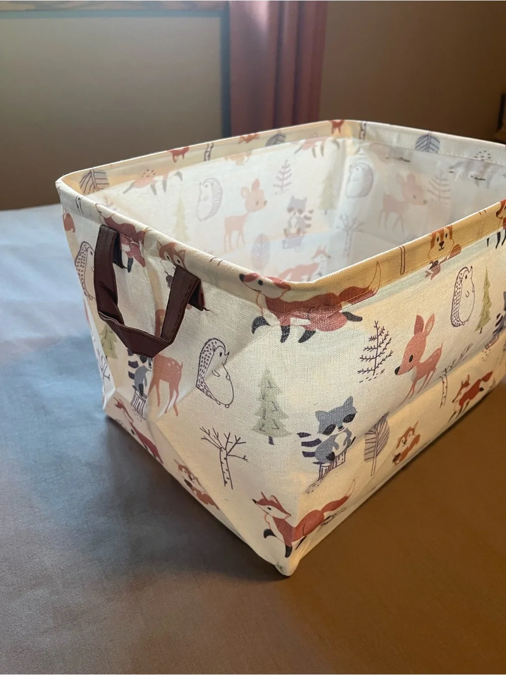 Neutral Woodland Animal Fabric Storage Bin - Cream and Pink